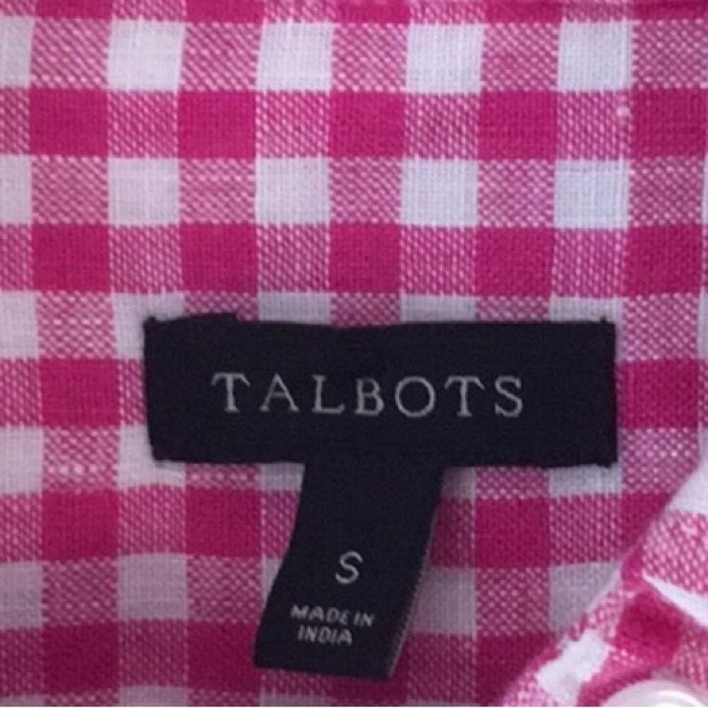 Talbots Pink Gingham Linen Button Down Shirt S - image 5
